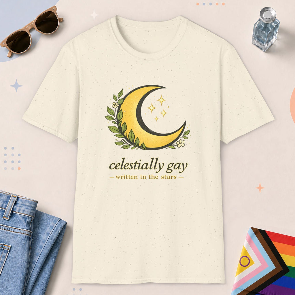 Natural color all-gender graphic t-shirt with "Celestially Gay" design