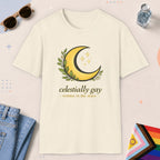 Natural color all-gender graphic t-shirt with "Celestially Gay" design