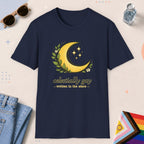 Navy color all-gender graphic t-shirt with "Celestially Gay" design