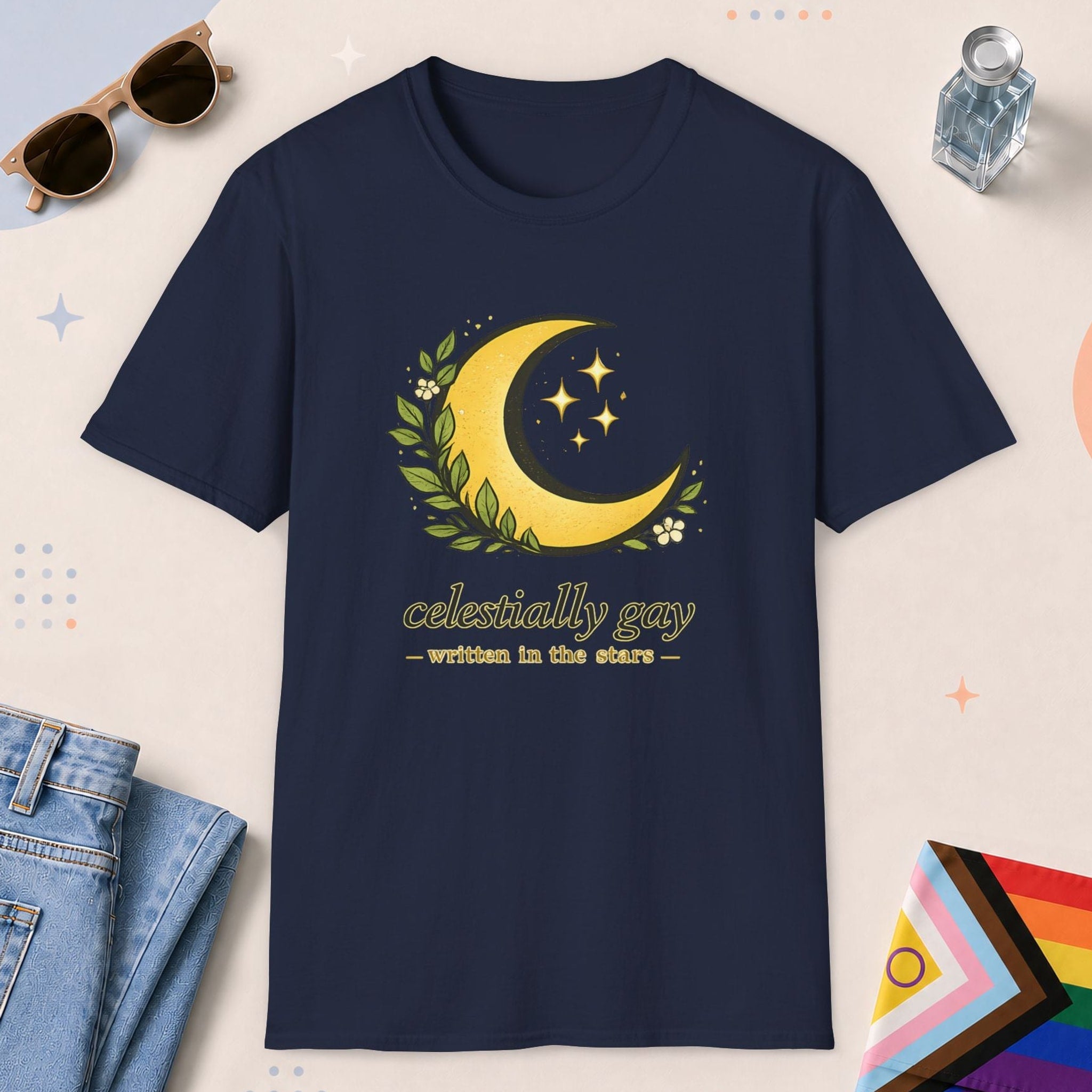 Navy color all-gender graphic t-shirt with "Celestially Gay" design