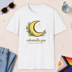 White color all-gender graphic t-shirt with "Celestially Gay" design