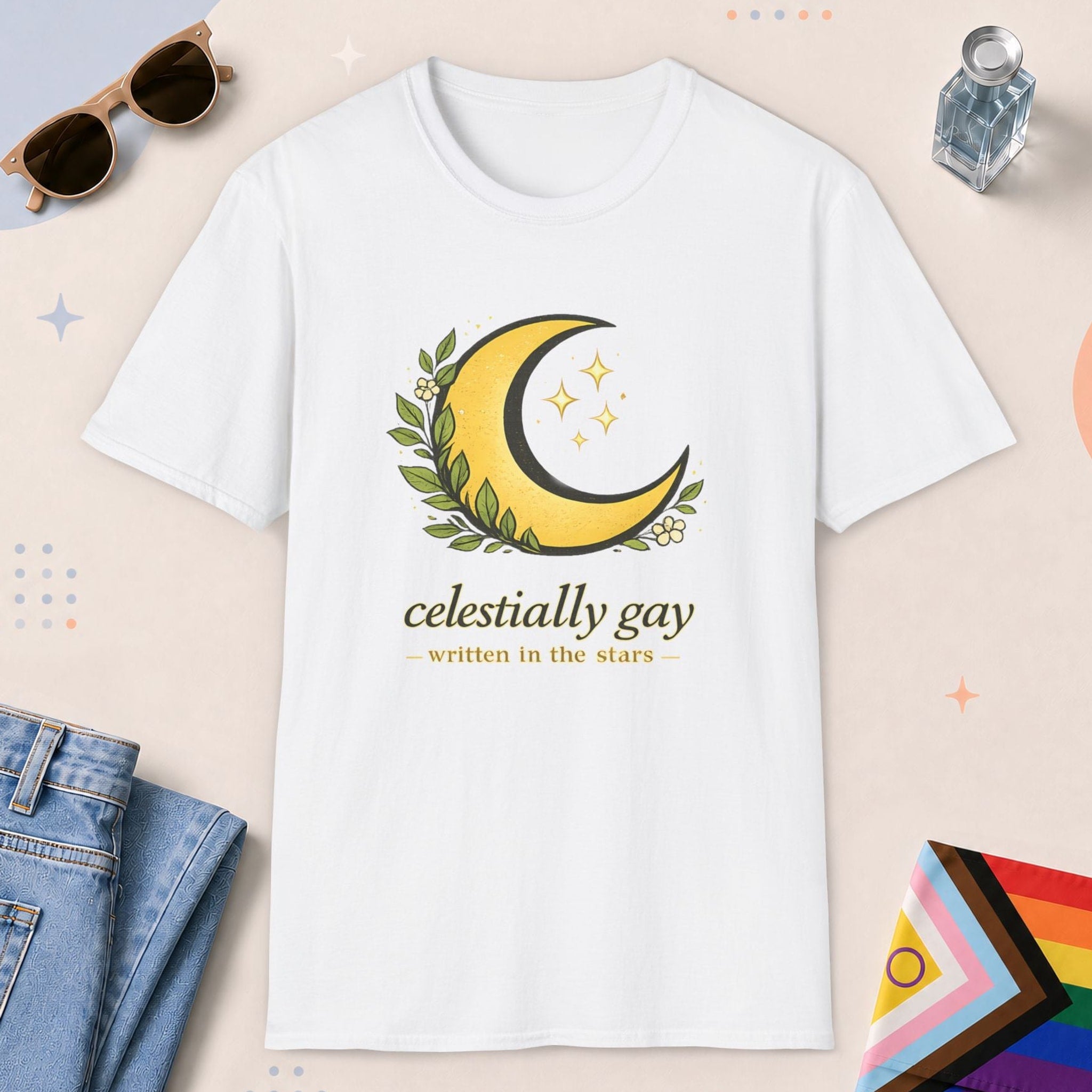 White color all-gender graphic t-shirt with "Celestially Gay" design