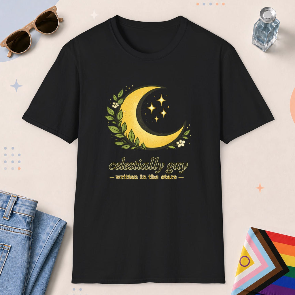 Black color all-gender graphic t-shirt with "Celestially Gay" design