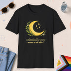 Black color all-gender graphic t-shirt with "Celestially Gay" design