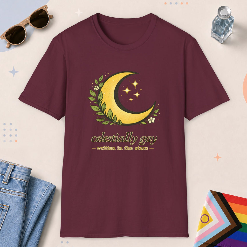 Maroon color all-gender graphic t-shirt with "Celestially Gay" design