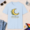 Light Blue color all-gender graphic t-shirt with "Celestially Gay" design