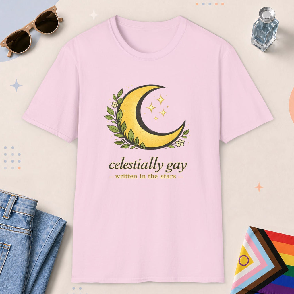 Light Pink color all-gender graphic t-shirt with "Celestially Gay" design