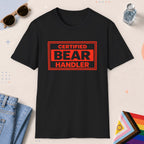 Black color all-gender graphic t-shirt with "Certified Bear Handler" design
