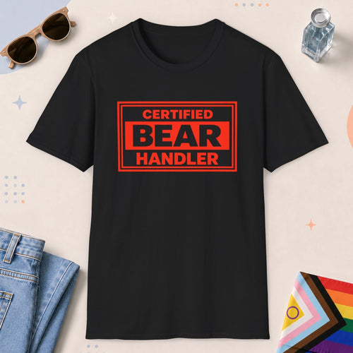 Black color all-gender graphic t-shirt with "Certified Bear Handler" design