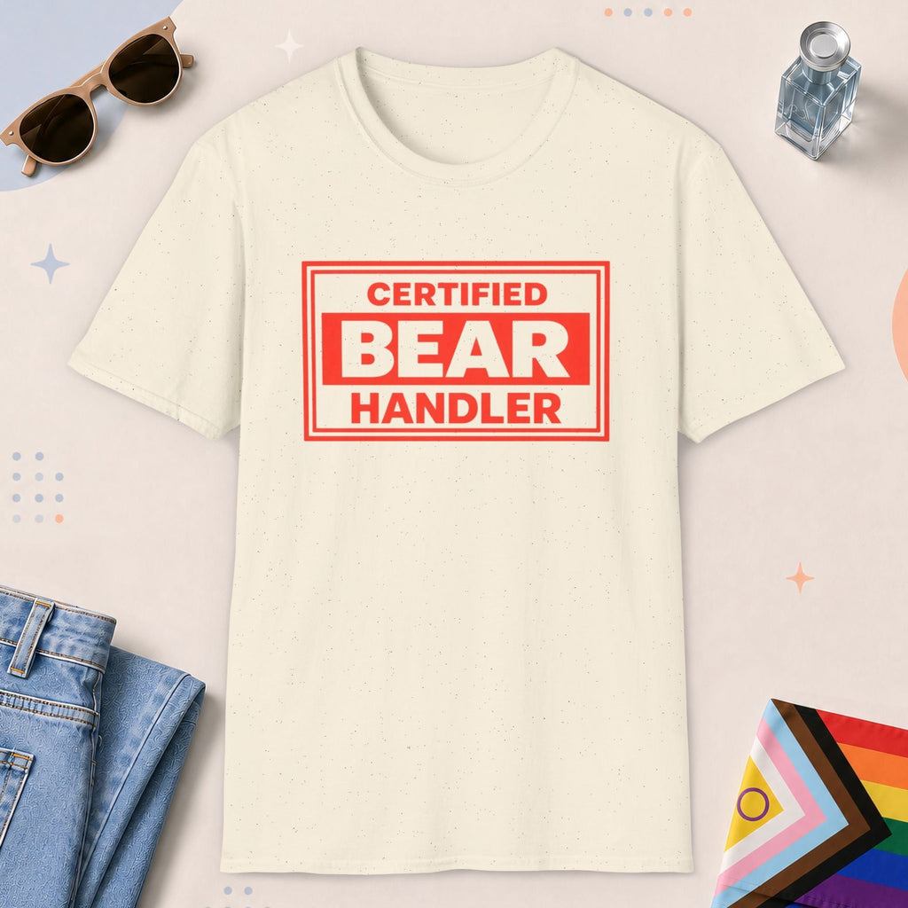 Natural color all-gender graphic t-shirt with "Certified Bear Handler" design