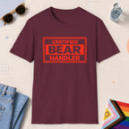 Maroon color all-gender graphic t-shirt with "Certified Bear Handler" design