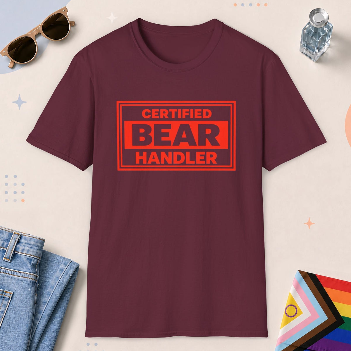 Maroon color all-gender graphic t-shirt with "Certified Bear Handler" design