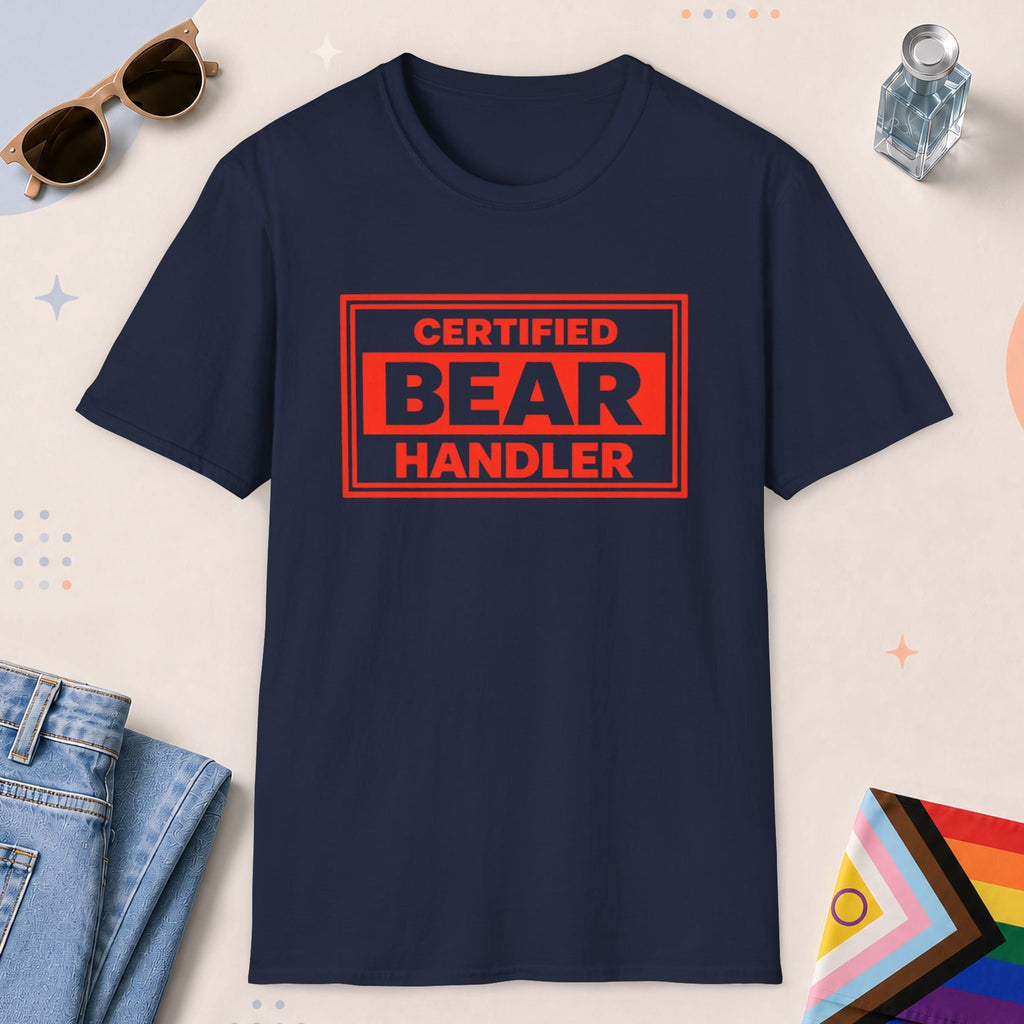 Navy color all-gender graphic t-shirt with "Certified Bear Handler" design