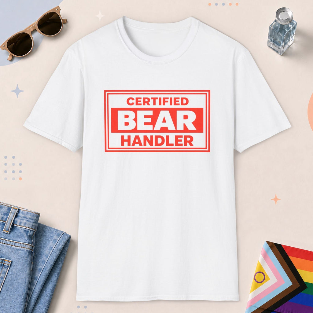 White color all-gender graphic t-shirt with "Certified Bear Handler" design