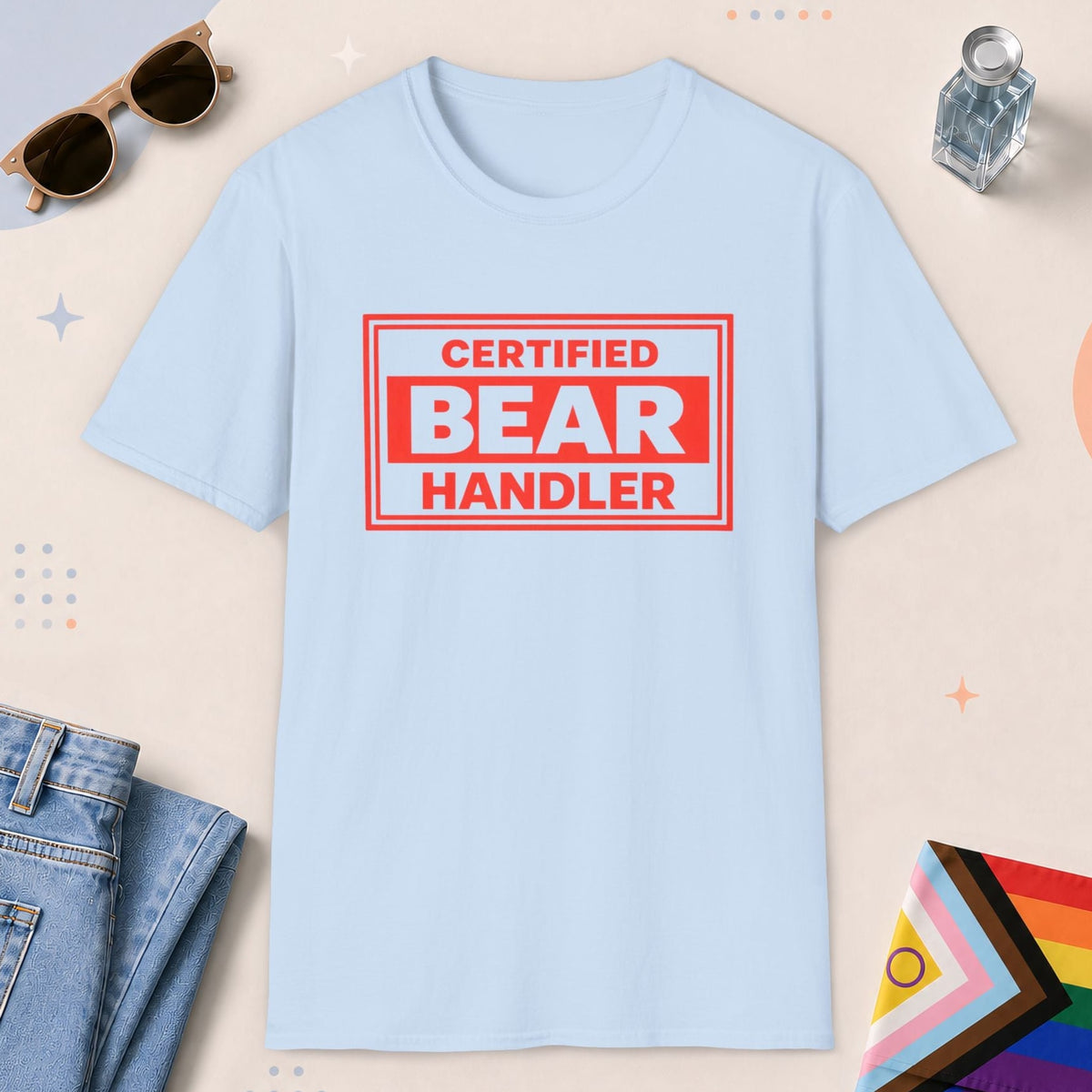 Light Blue color all-gender graphic t-shirt with "Certified Bear Handler" design