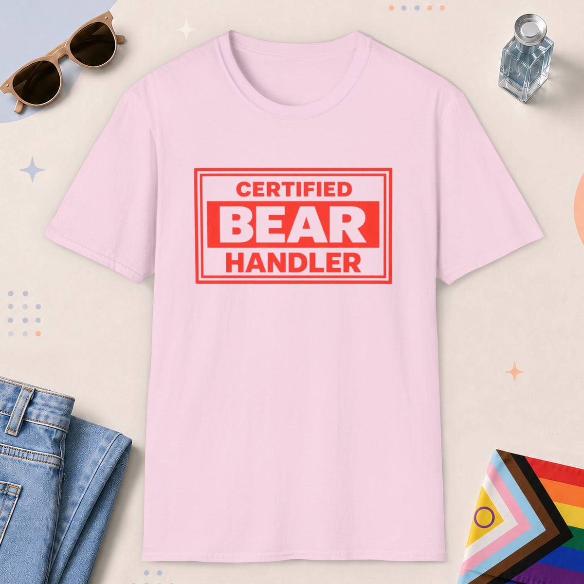 Light Pink color all-gender graphic t-shirt with "Certified Bear Handler" design