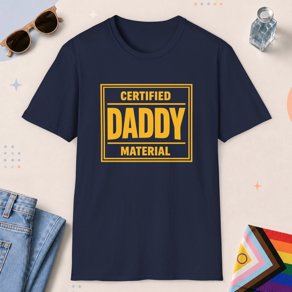 Navy color all-gender graphic t-shirt with "Certified Daddy Material" design