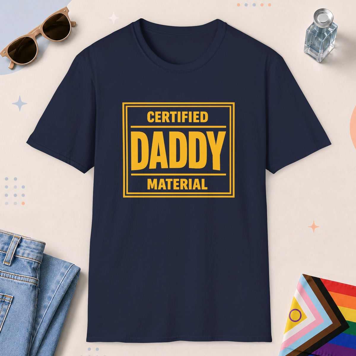 Navy color all-gender graphic t-shirt with "Certified Daddy Material" design