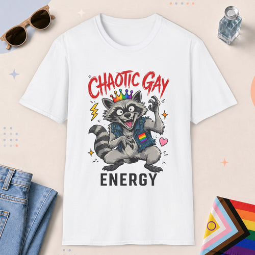 White color all-gender graphic t-shirt with "Chaotic Gay Raccoon" design