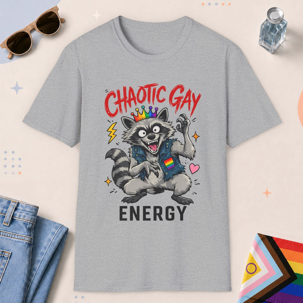 Sport Grey color all-gender graphic t-shirt with "Chaotic Gay Raccoon" design
