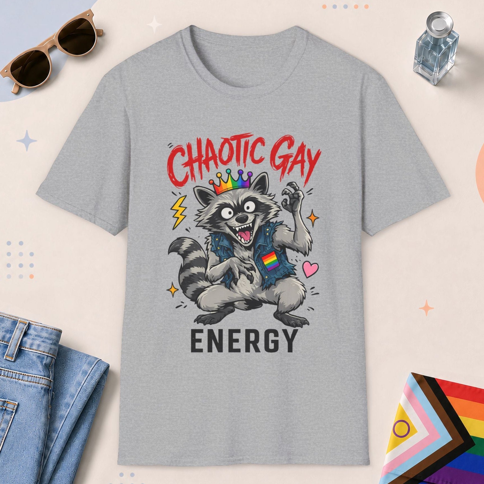 Sport Grey color all-gender graphic t-shirt with "Chaotic Gay Raccoon" design