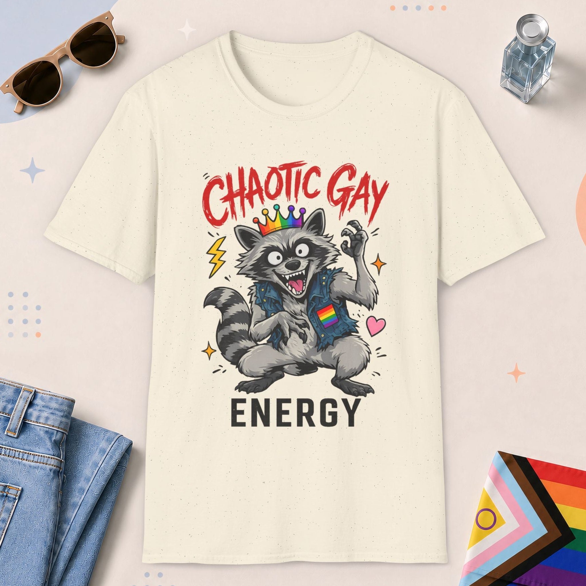 Natural color all-gender graphic t-shirt with "Chaotic Gay Raccoon" design