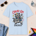 Light Blue color all-gender graphic t-shirt with "Chaotic Gay Raccoon" design
