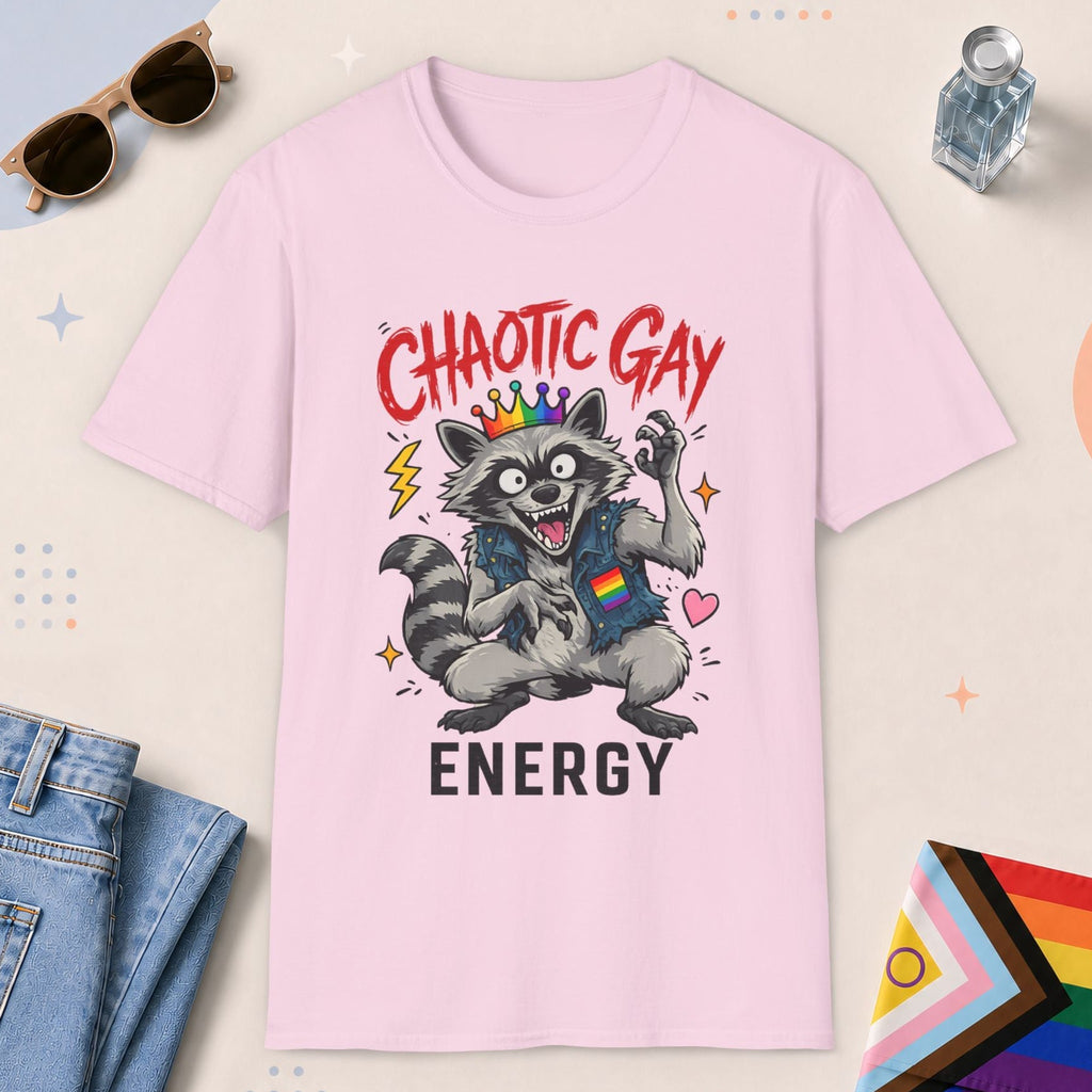 Light Pink color all-gender graphic t-shirt with "Chaotic Gay Raccoon" design