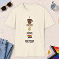 Natural color all-gender graphic t-shirt with "Coffee, Chaos, Pride" design