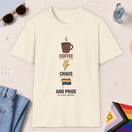 Natural color all-gender graphic t-shirt with "Coffee, Chaos, Pride" design