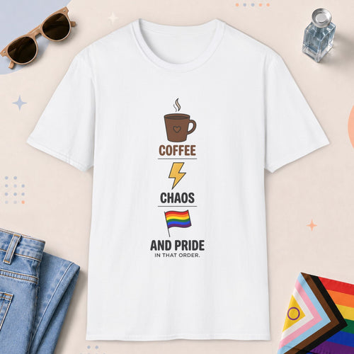 White color all-gender graphic t-shirt with "Coffee, Chaos, Pride" design