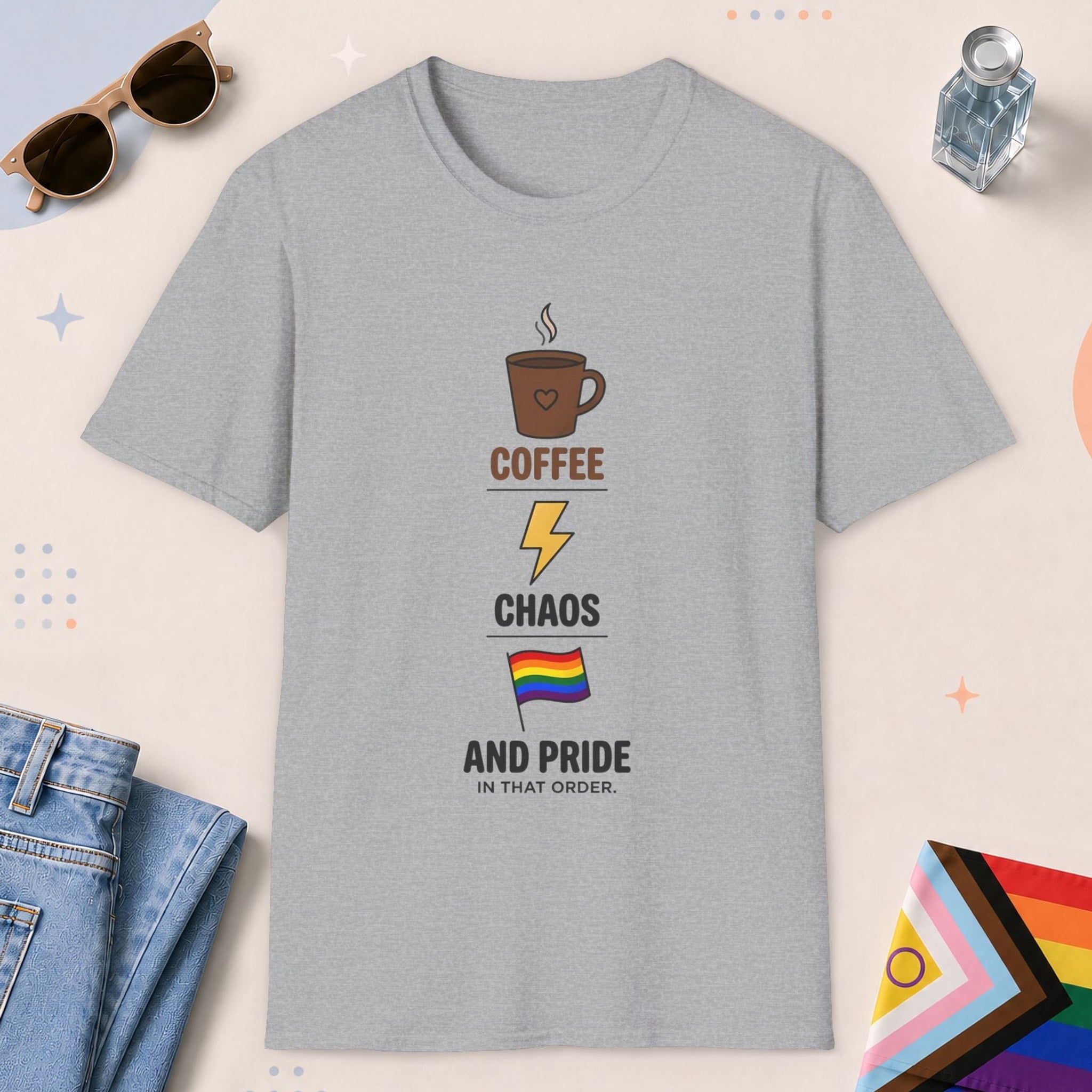Sport Grey color all-gender graphic t-shirt with "Coffee, Chaos, Pride" design