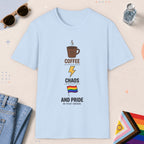 Light Blue color all-gender graphic t-shirt with "Coffee, Chaos, Pride" design