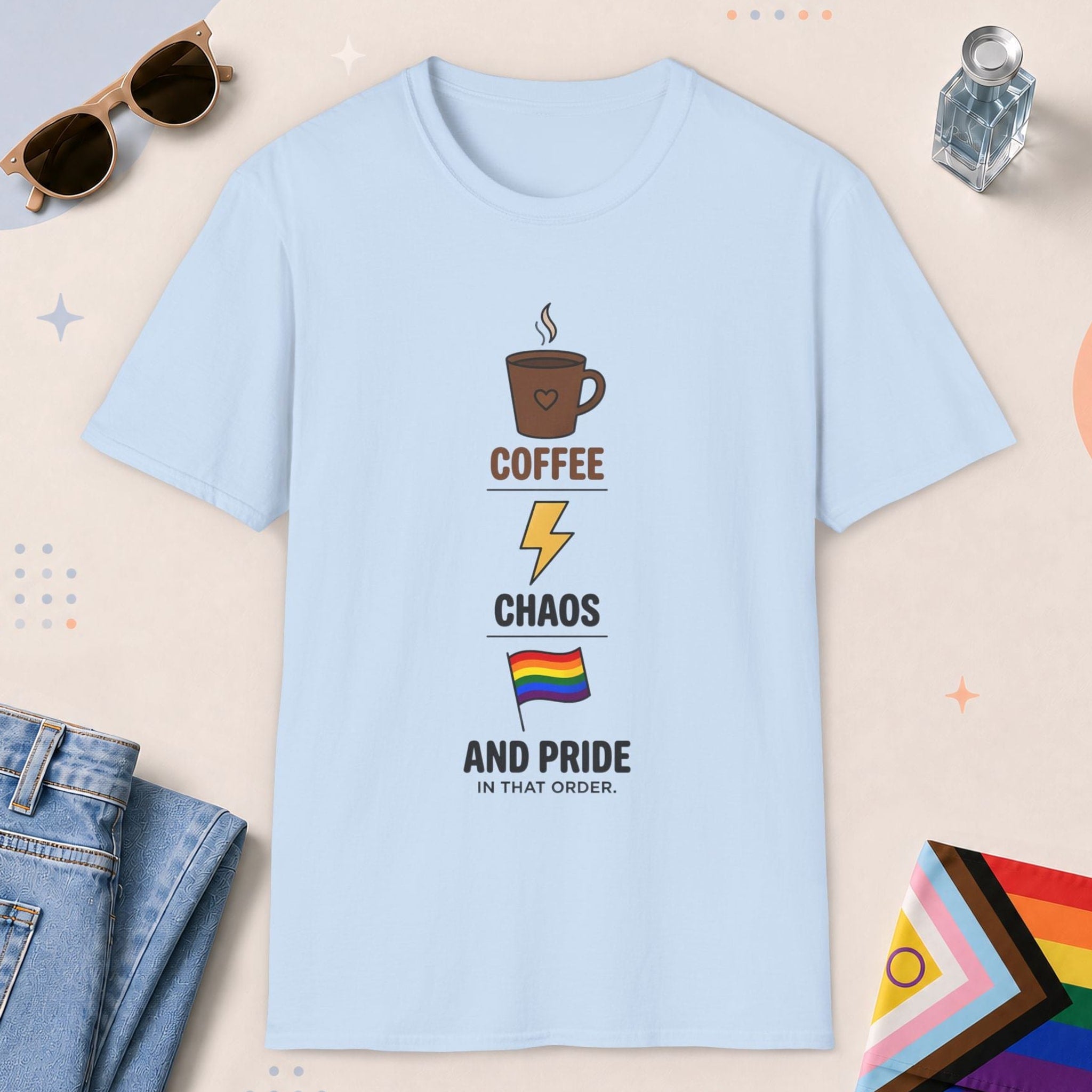 Light Blue color all-gender graphic t-shirt with "Coffee, Chaos, Pride" design