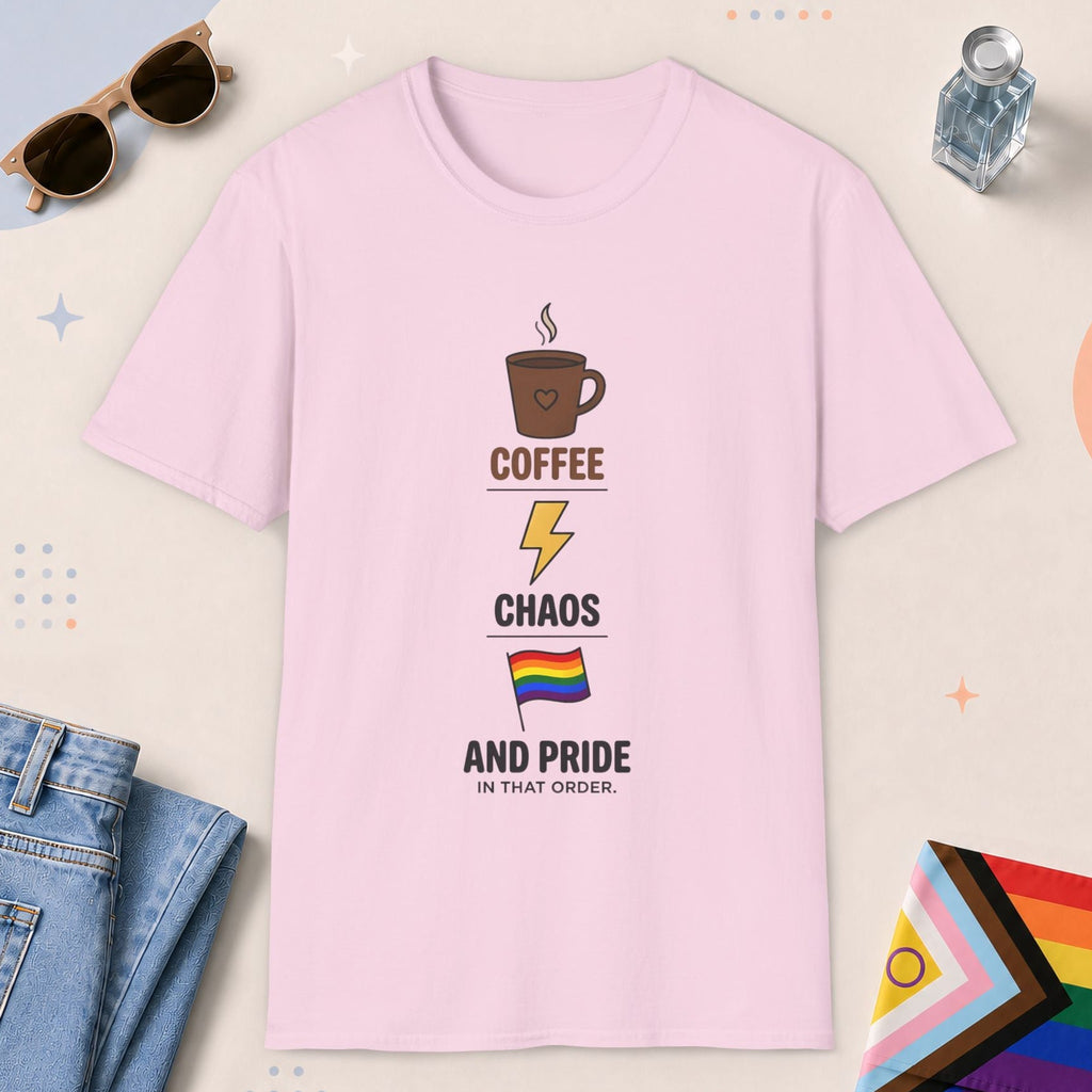 Light Pink color all-gender graphic t-shirt with "Coffee, Chaos, Pride" design