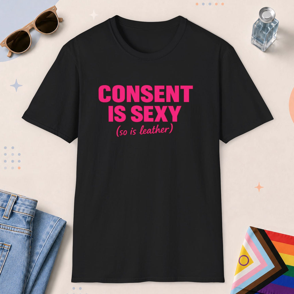 Black color all-gender graphic t-shirt with "Consent Is Sexy" design
