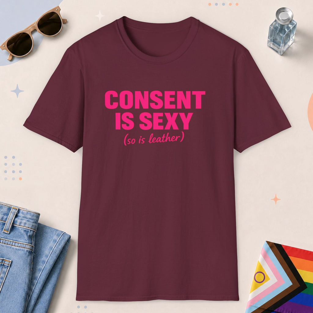 Maroon color all-gender graphic t-shirt with "Consent Is Sexy" design