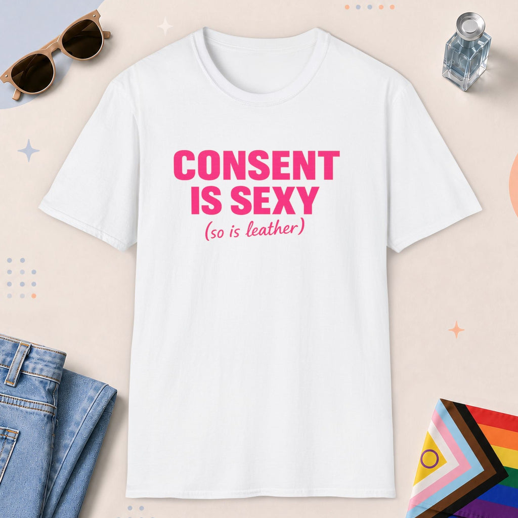 White color all-gender graphic t-shirt with "Consent Is Sexy" design