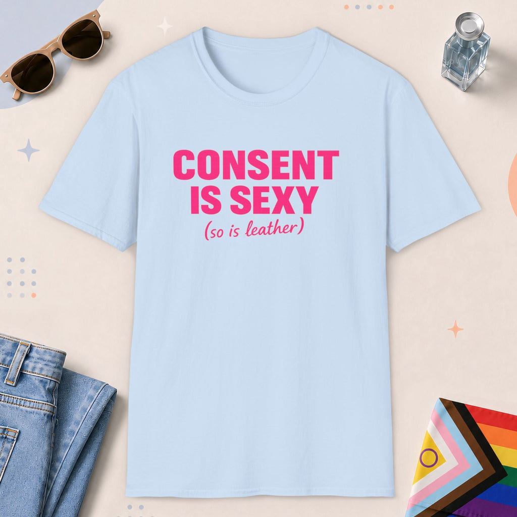 Light Blue color all-gender graphic t-shirt with "Consent Is Sexy" design