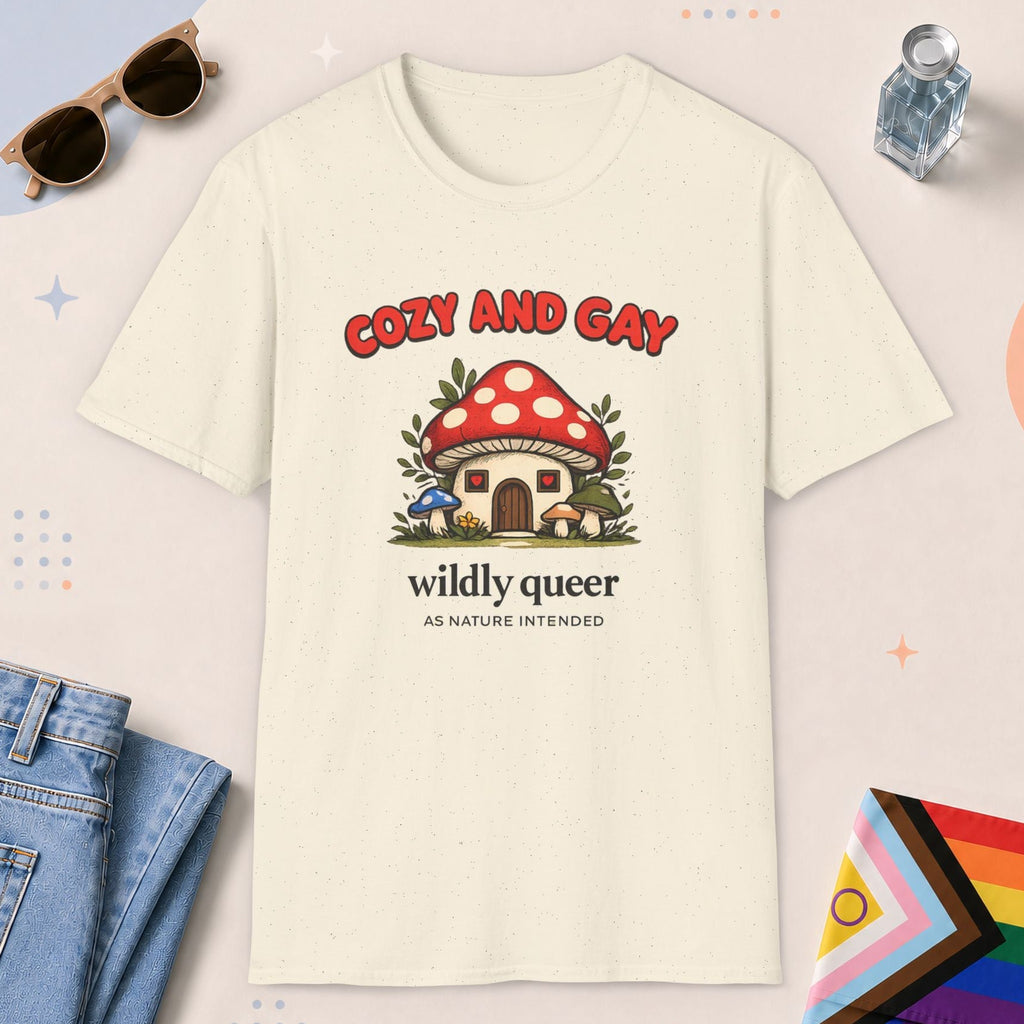 Natural color all-gender graphic t-shirt with "Cozy And Gay" design