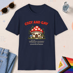 Navy color all-gender graphic t-shirt with "Cozy And Gay" design