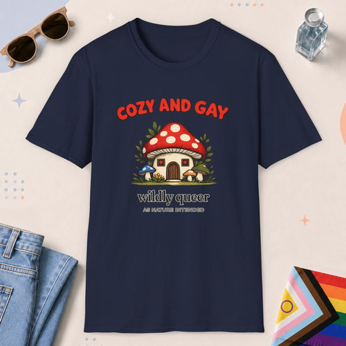 Navy color all-gender graphic t-shirt with "Cozy And Gay" design