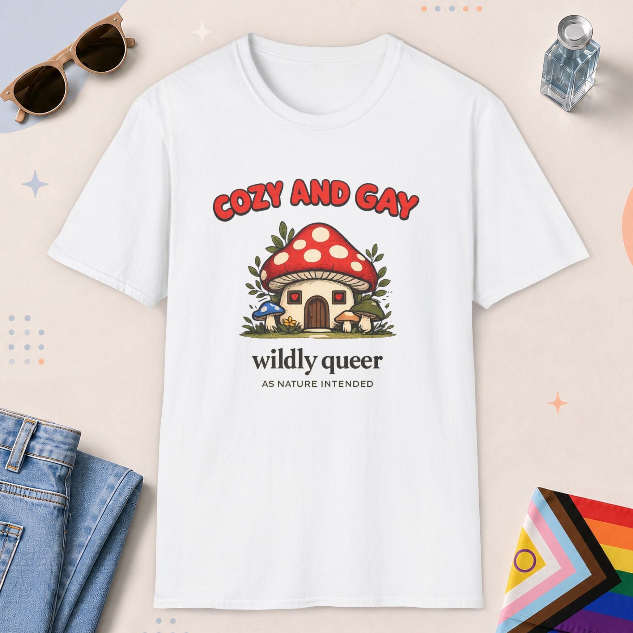 White color all-gender graphic t-shirt with "Cozy And Gay" design