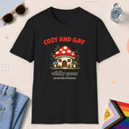 Black color all-gender graphic t-shirt with "Cozy And Gay" design