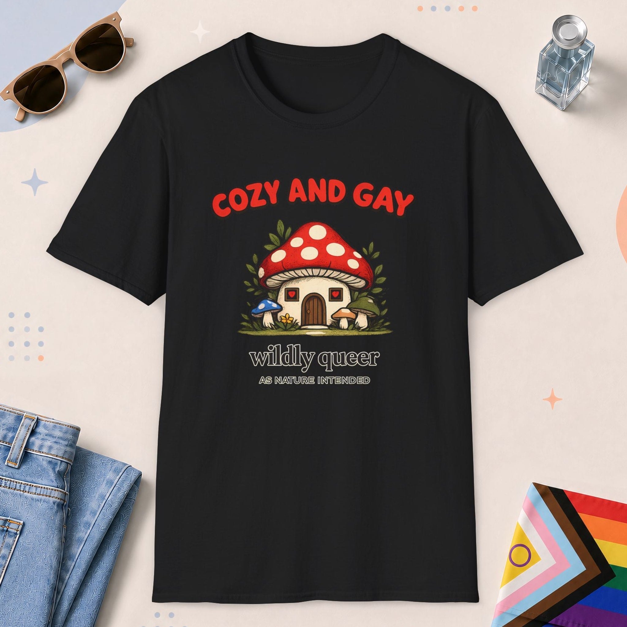 Black color all-gender graphic t-shirt with "Cozy And Gay" design