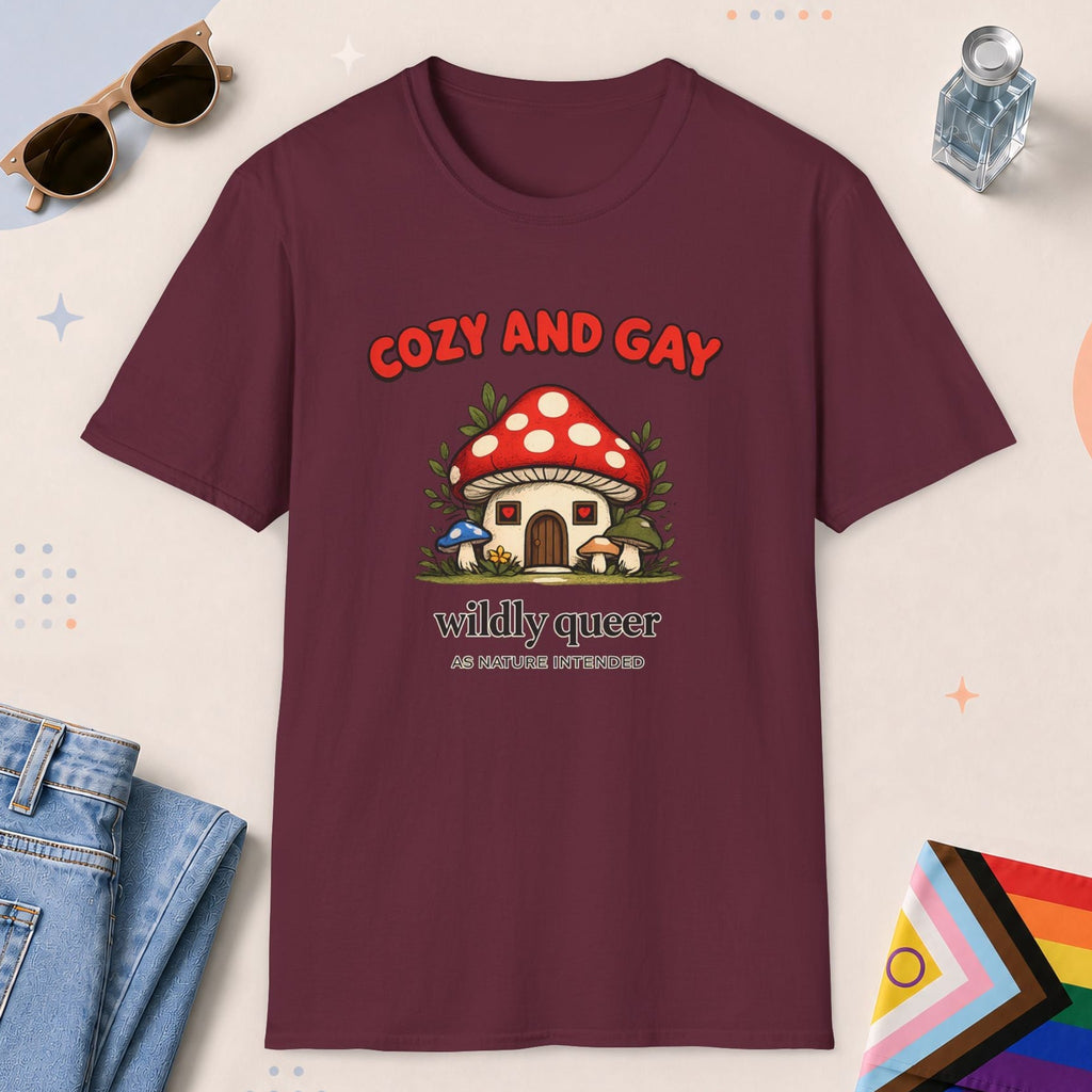Maroon color all-gender graphic t-shirt with "Cozy And Gay" design