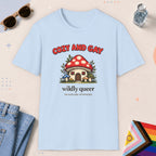 Light Blue color all-gender graphic t-shirt with "Cozy And Gay" design