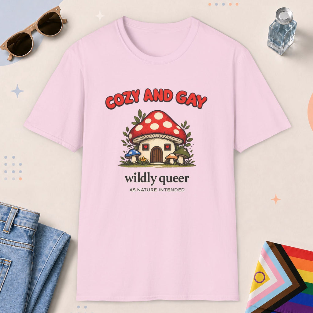 Light Pink color all-gender graphic t-shirt with "Cozy And Gay" design