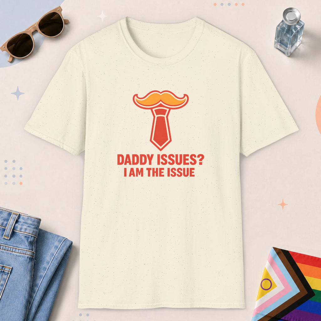 Natural color all-gender graphic t-shirt with "Daddy Issues" design