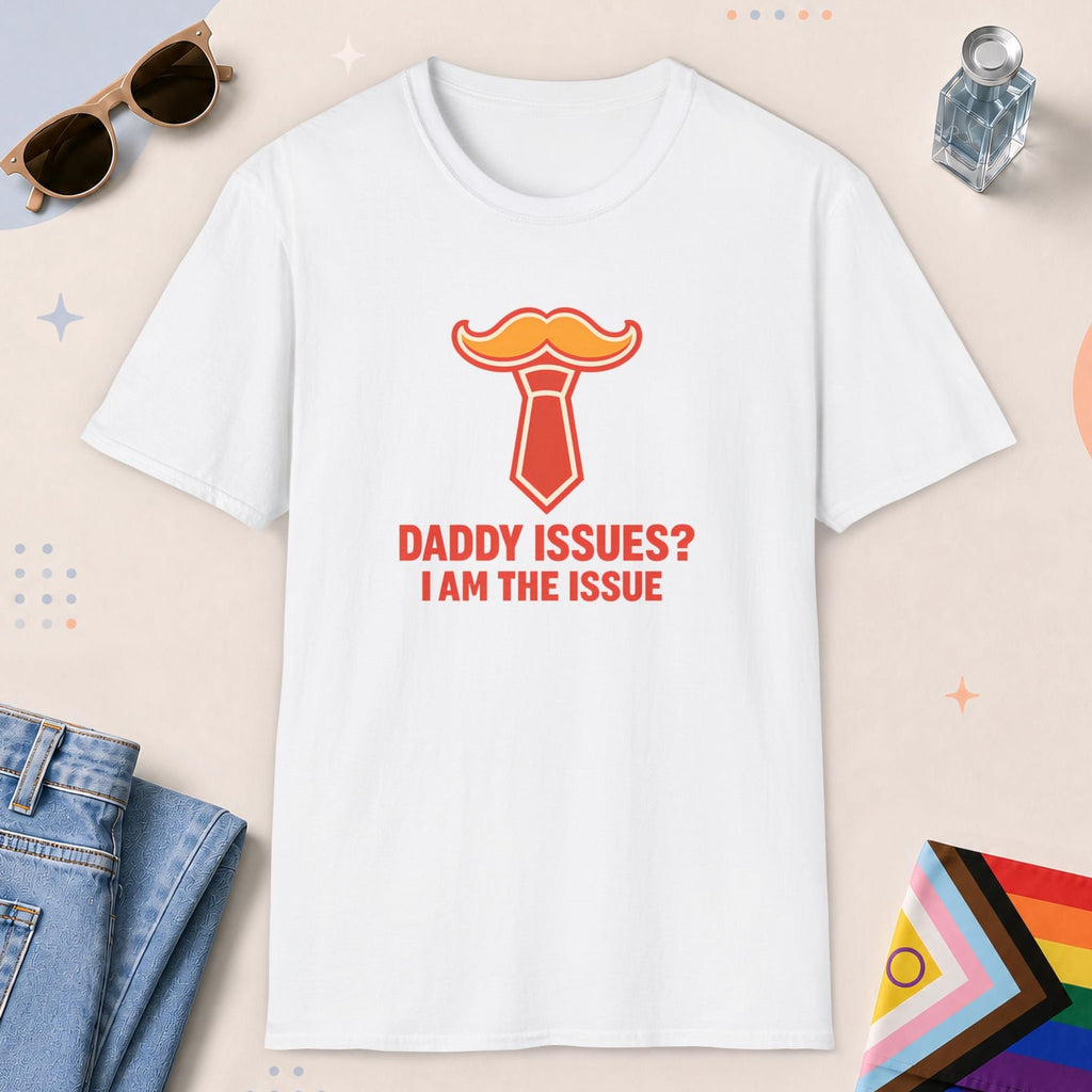 White color all-gender graphic t-shirt with "Daddy Issues" design